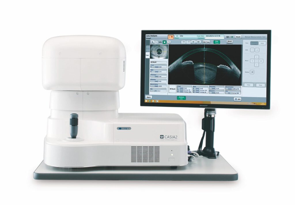 CASIA-II-Gerät mit Monitor zur Darstellung des vorderen Augenabschnitts; moderne optische Kohärenztomografie für präzise Diagnostik.
